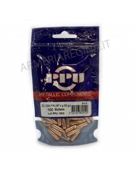 PRVI PARTIZAN BULLETS FMJ BT 22 (.224) 62GR 100PCS.