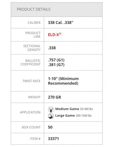 HORNADY BULLETS ELD-X 338" 270GR 50PZ. HORNADY BULLETS ELD-X 338" 270GR 50PZ.