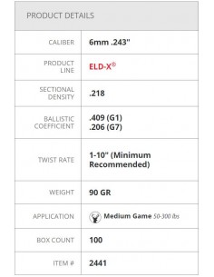 HORNADY BULLETS ELD-X 6 mm 243" 90 GR 100PZ 2