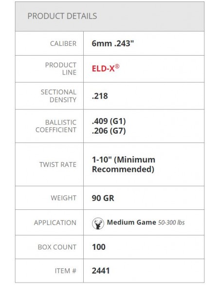 HORNADY PALLE ELD-X 6 mm 243" 90 GR 100PZ HORNADY PALLE ELD-X 6 mm 243" 90 GR 100PZ