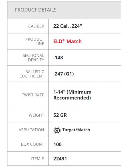 HORNADY BULLETS ELD-Match 224" 52GR 100PZ. HORNADY BULLETS ELD-Match 224" 52GR 100PZ.
