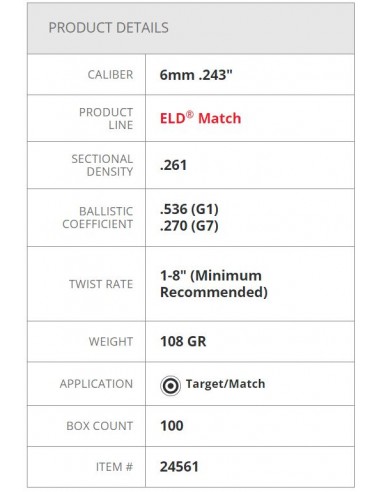 HORNADY PALLE ELD-Match 243" 108GR 100PZ. HORNADY PALLE ELD-Match 243" 108GR 100PZ.