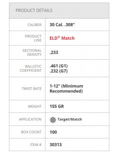 HORNADY BULLETS ELD-Match 308" 155GR 100PZ. 2