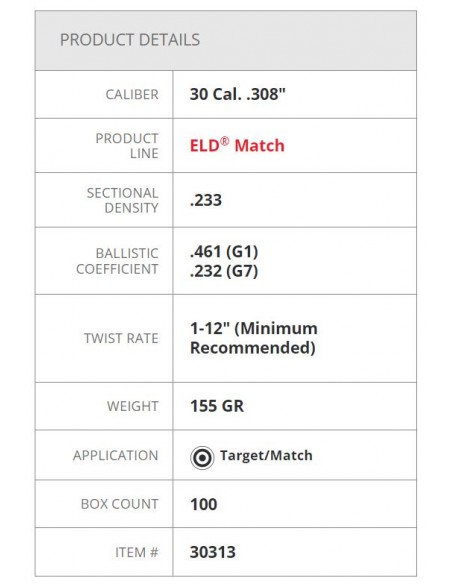 HORNADY BULLETS ELD-Match 308" 155GR 100PZ. HORNADY BULLETS ELD-Match 308" 155GR 100PZ.