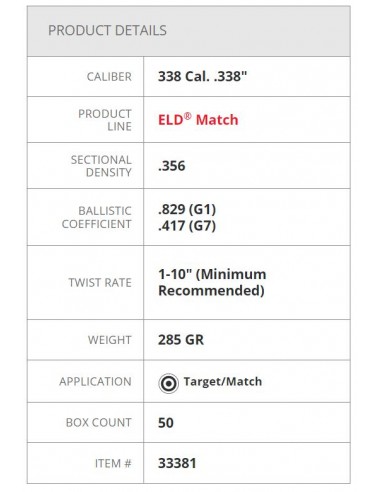 HORNADY BULLETS ELD-Match 338" 285GR 50PZ. HORNADY BULLETS ELD-Match 338" 285GR 50PZ.
