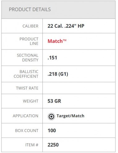 HORNADY BULLETS HP MATCH 224" 53GR 100PZ. HORNADY BULLETS HP MATCH 224" 53GR 100PZ.