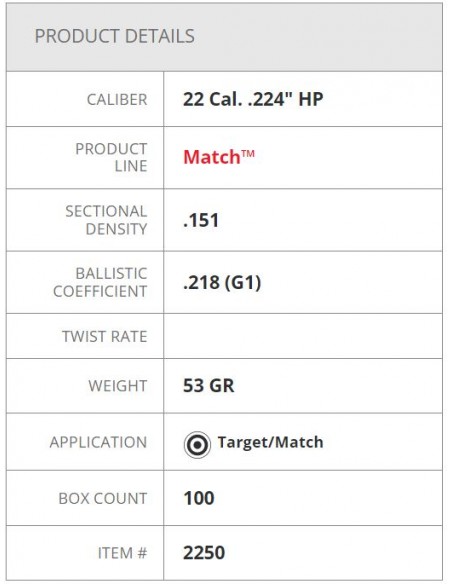HORNADY BULLETS HP MATCH 224" 53GR 100PZ. HORNADY BULLETS HP MATCH 224" 53GR 100PZ.