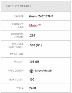 HORNADY PALLE BTHP MATCH 243" 105GR 100PZ. 2