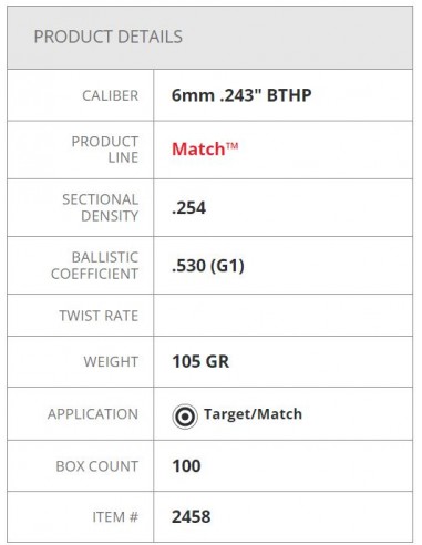 HORNADY PALLE BTHP MATCH 243" 105GR 100PZ. HORNADY PALLE BTHP MATCH 243" 105GR 100PZ.