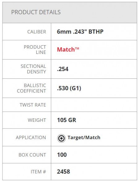 HORNADY PALLE BTHP MATCH 243" 105GR 100PZ. HORNADY PALLE BTHP MATCH 243" 105GR 100PZ.