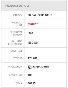 HORNADY PALLE BTHP MATCH 308" 178GR 100PZ. 2