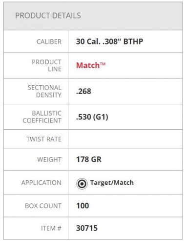 HORNADY PALLE BTHP MATCH 308" 178GR 100PZ. HORNADY PALLE BTHP MATCH 308" 178GR 100PZ.