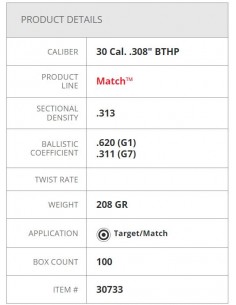 HORNADY PALLE BTHP MATCH 308" 208GR 100PZ. 2