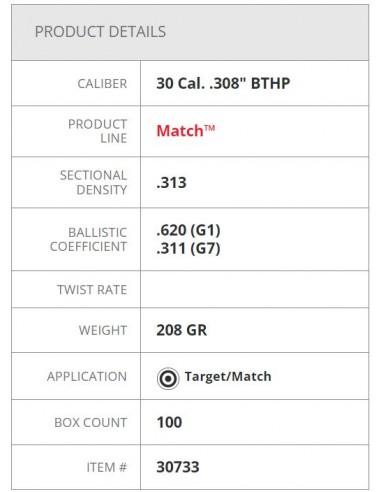 HORNADY PALLE BTHP MATCH 308" 208GR 100PZ. HORNADY PALLE BTHP MATCH 308" 208GR 100PZ.
