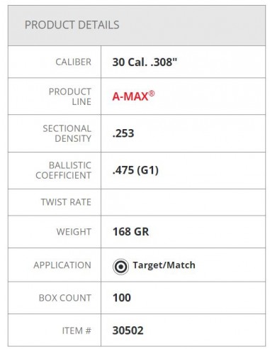 HORNADY PALLE A-MAX 308" 168GR 100PZ. HORNADY PALLE A-MAX 308" 168GR 100PZ.