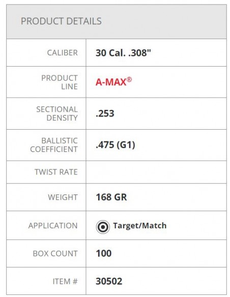 HORNADY PALLE A-MAX 308" 168GR 100PZ. HORNADY PALLE A-MAX 308" 168GR 100PZ.