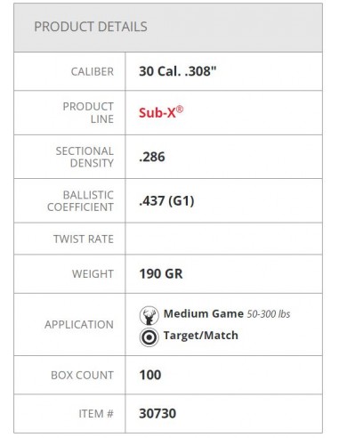 HORNADY BULLETS SUB-X 308" 190GR 100PZ. HORNADY BULLETS SUB-X 308" 190GR 100PZ.