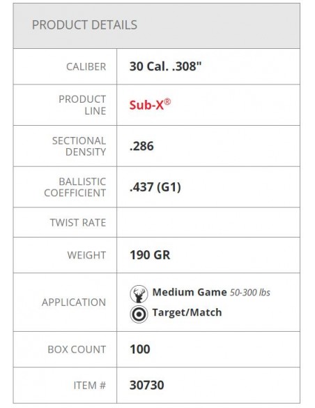 HORNADY PALLE SUB-X 308" 190GR 100PZ. HORNADY PALLE SUB-X 308" 190GR 100PZ.