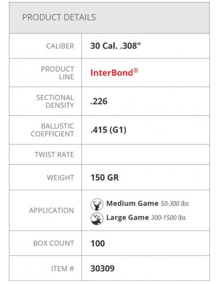 HORNADY PALLE INTERBOND 308" 150GR 100PZ. HORNADY PALLE INTERBOND 308" 150GR 100PZ.