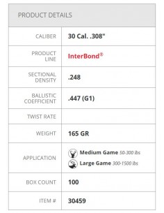 HORNADY PALLE INTERBOND 308" 165GR 100PZ. 2
