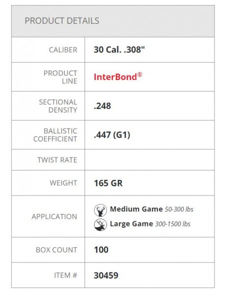 HORNADY PALLE INTERBOND 308" 165GR 100PZ. HORNADY PALLE INTERBOND 308" 165GR 100PZ.
