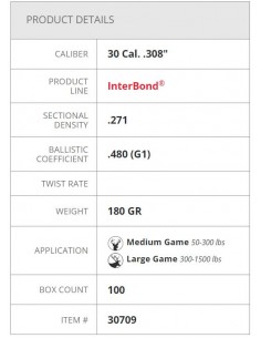 HORNADY PALLE INTERBOND 308" 180GR 100PZ. 2