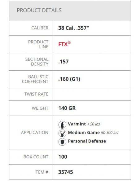 HORNADY BULLETS FTX 357" 140GR 100PZ.
