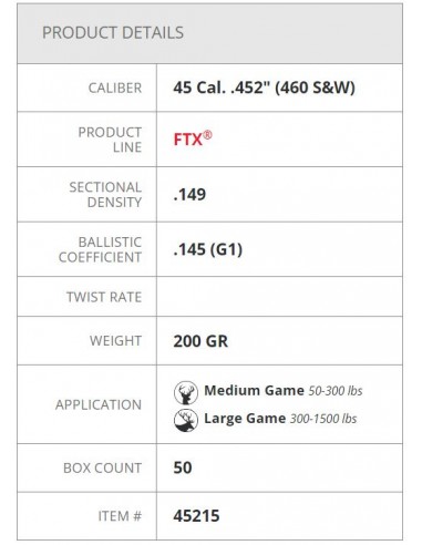 HORNADY BULLETS FTX 452" 200GR 50PZ. HORNADY BULLETS FTX 452" 200GR 50PZ.