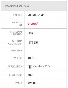 HORNADY PALLE V-MAX 204" 40GR 100PZ. 2
