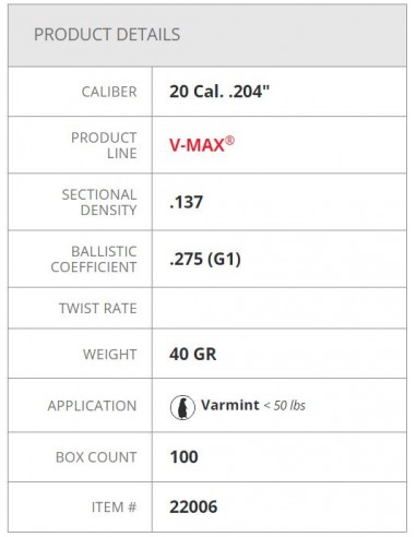 HORNADY PALLE V-MAX 204" 40GR 100PZ. HORNADY PALLE V-MAX 204" 40GR 100PZ.