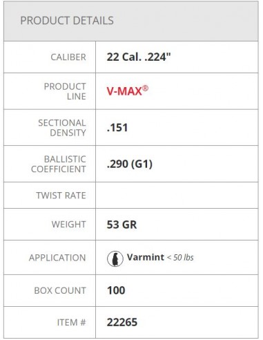 HORNADY PALLE V-MAX 224" 53GR 100PZ. HORNADY PALLE V-MAX 224" 53GR 100PZ.