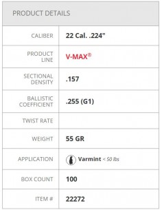 HORNADY PALLE V-MAX W/C 224" 55GR 100PZ. 2