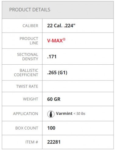 HORNADY PALLE V-MAX 224" 60GR 100PZ. HORNADY PALLE V-MAX 224" 60GR 100PZ.