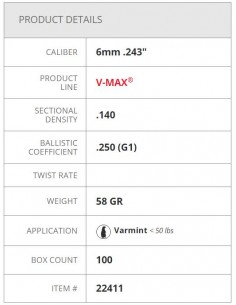 HORNADY BULLETS V-MAX 243" 58GR 100PZ. 2