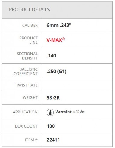 HORNADY PALLE V-MAX 243" 58GR 100PZ. HORNADY PALLE V-MAX 243" 58GR 100PZ.