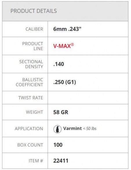 HORNADY PALLE V-MAX 243" 58GR 100PZ. HORNADY PALLE V-MAX 243" 58GR 100PZ.