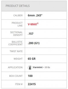 HORNADY PALLE V-MAX 243" 65GR 100PZ. 2