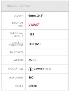 HORNADY PALLE V-MAX 243" 75GR 100PZ. 2