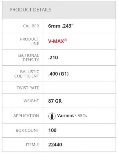 HORNADY PALLE V-MAX 243" 87GR 100PZ. HORNADY PALLE V-MAX 243" 87GR 100PZ.