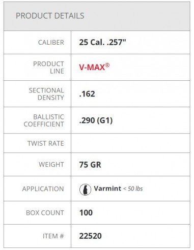 HORNADY BULLETS V-MAX 257" 75GR 100PZ. HORNADY BULLETS V-MAX 257" 75GR 100PZ.