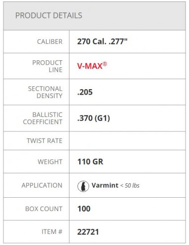 HORNADY PALLE V-MAX W/C 277" 110GR 100PZ.