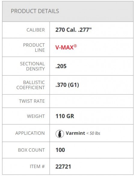 HORNADY BULLETS V-MAX W/C 277" 110GR 100PZ. HORNADY BULLETS V-MAX W/C 277" 110GR 100PZ.