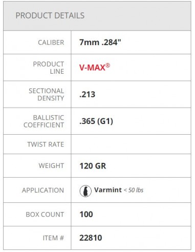 HORNADY BULLETS V-MAX 284" 120GR 100PZ. HORNADY BULLETS V-MAX 284" 120GR 100PZ.