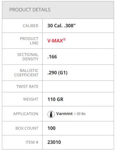 HORNADY BULLETS V-MAX 308" 110GR 100PZ.
