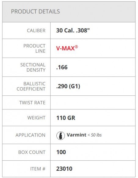 HORNADY PALLE V-MAX 308" 110GR 100PZ. HORNADY PALLE V-MAX 308" 110GR 100PZ.
