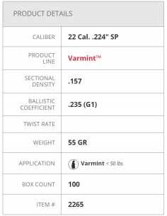 HORNADY PALLE SP 224" 55GR 100PZ. 2