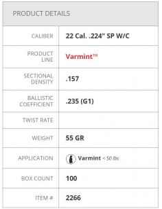 HORNADY BULLETS SP W/C 224" 55GR 100PZ. 2