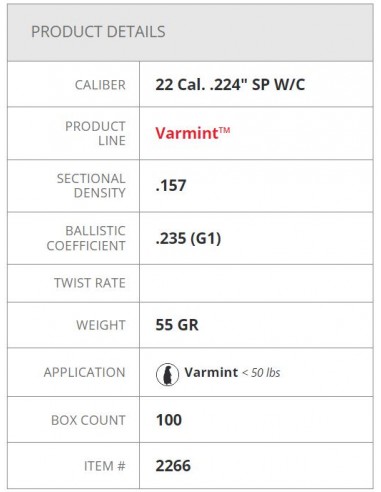 HORNADY BULLETS SP W/C 224" 55GR 100PZ. HORNADY BULLETS SP W/C 224" 55GR 100PZ.