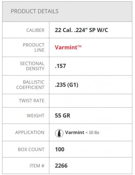 HORNADY PALLE SP W/C 224" 55GR 100PZ. HORNADY PALLE SP W/C 224" 55GR 100PZ.