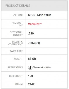 HORNADY PALLE BTHP 243" 87GR 100PZ. 2